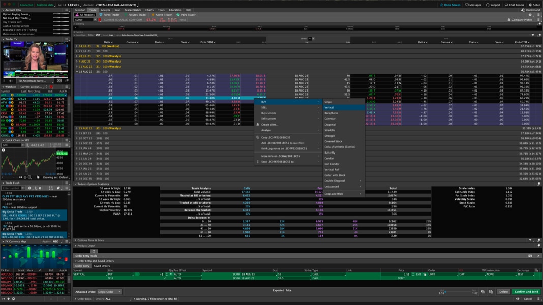 A screenshot of options chains and statistics on thinkorswim desktop.